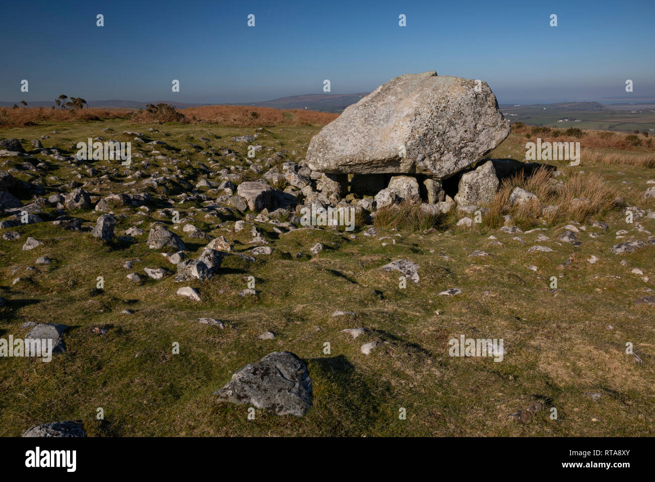 Maen Ceti dolmen (Arthur della Pietra) su Cefn Bryn, Gower, Galles Foto Stock