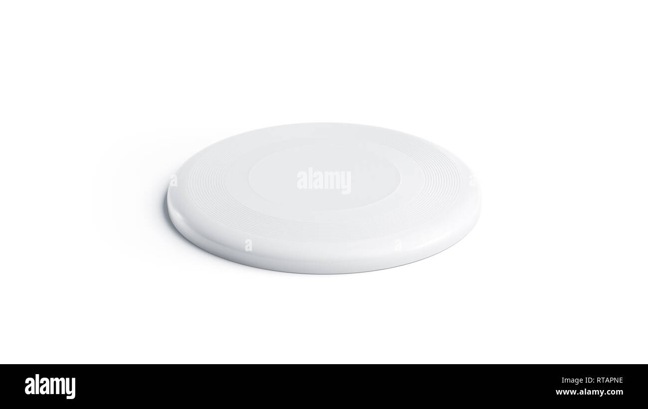 Vuoto in plastica bianca frisbee mock up, isolata, vista laterale, rendering 3d. Svuotare flying disc mockup. Clear round giocattolo per gioco estiva nel parco. Disco di aria per stampare il modello di progettazione. Foto Stock