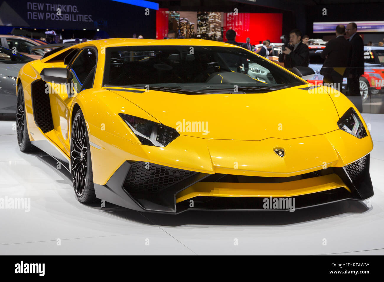 Ginevra, Svizzera - 4 Marzo 2015: Lamborghini Aventador LP 750-4 SuperVeloce ha rivelato all'ottantacinquesimo International Motor Show di Ginevra a Palexpo. Foto Stock