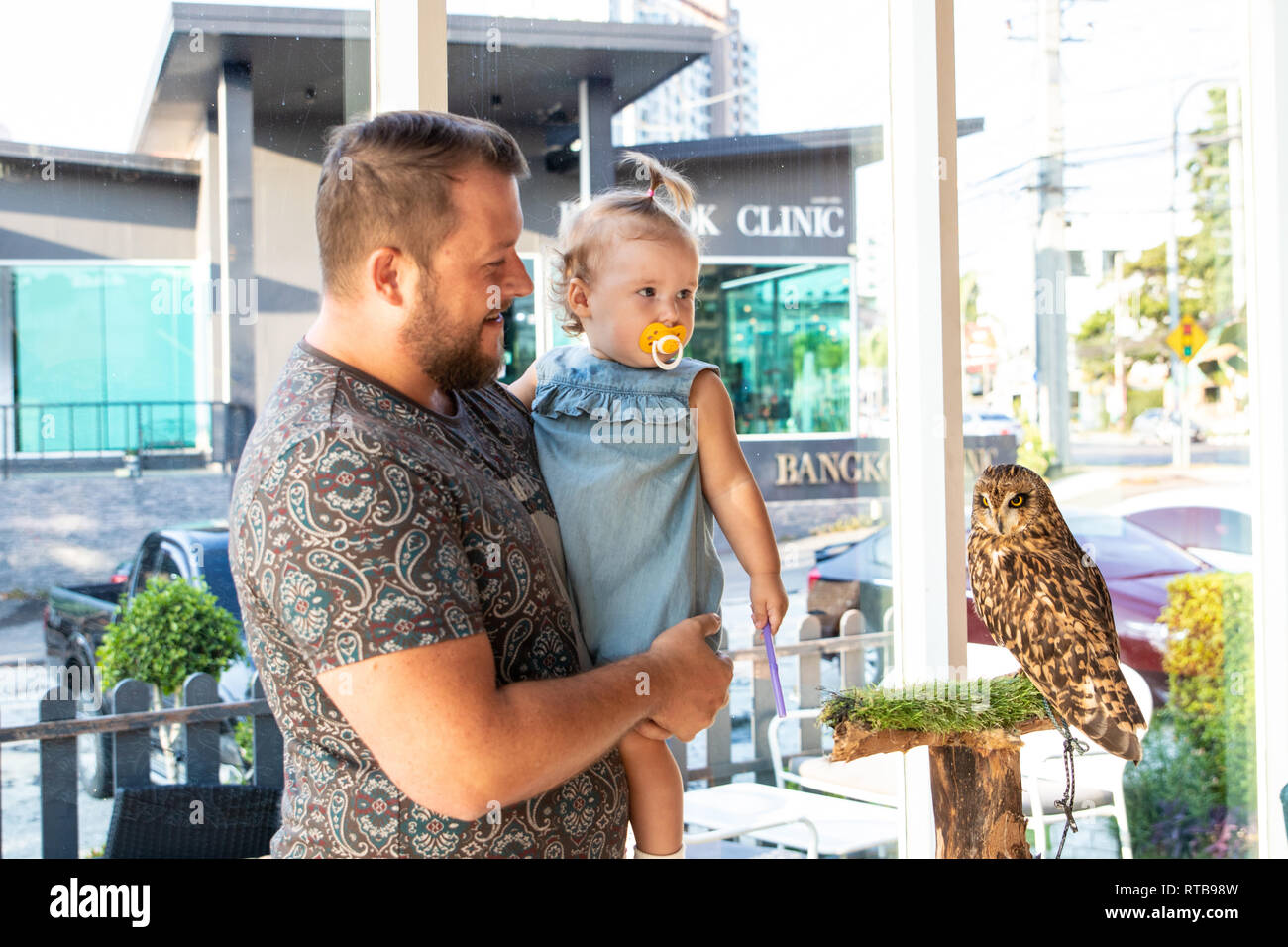 Papà mostra il bambino un gufo. baby tratti un gufo Foto Stock