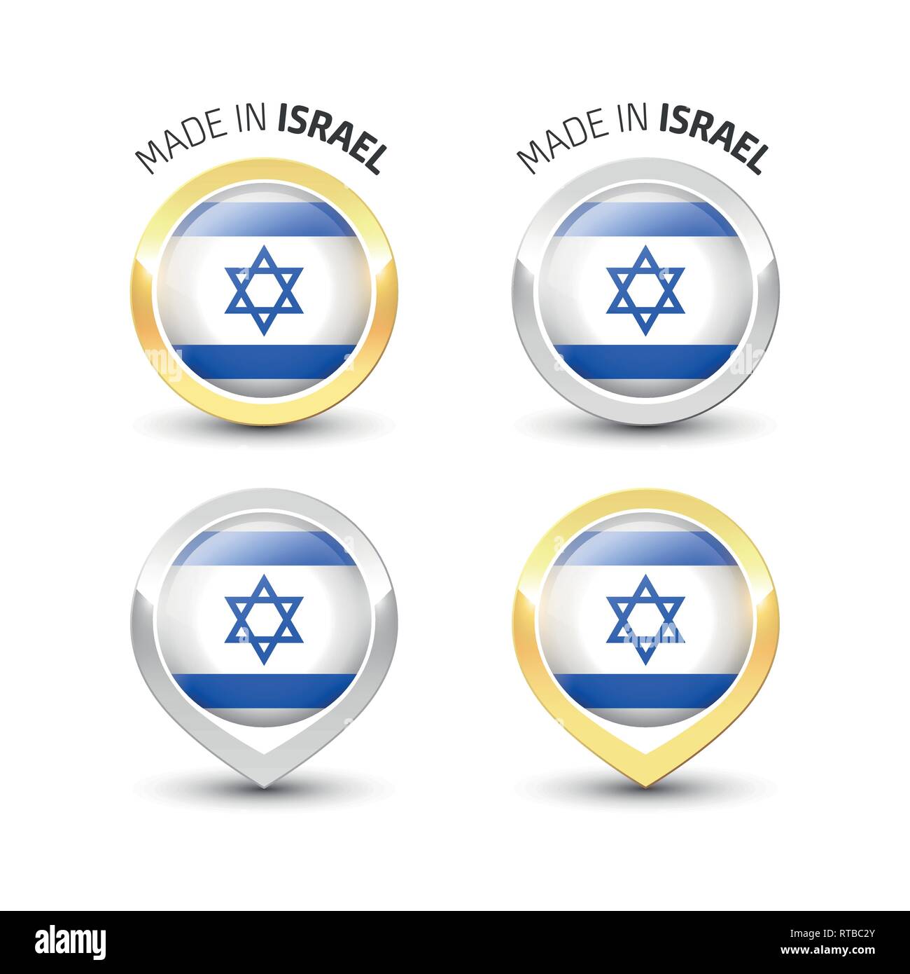 Realizzati in Israele - etichetta di garanzia con la bandiera israeliana all'interno del turno oro e argento icone. Illustrazione Vettoriale