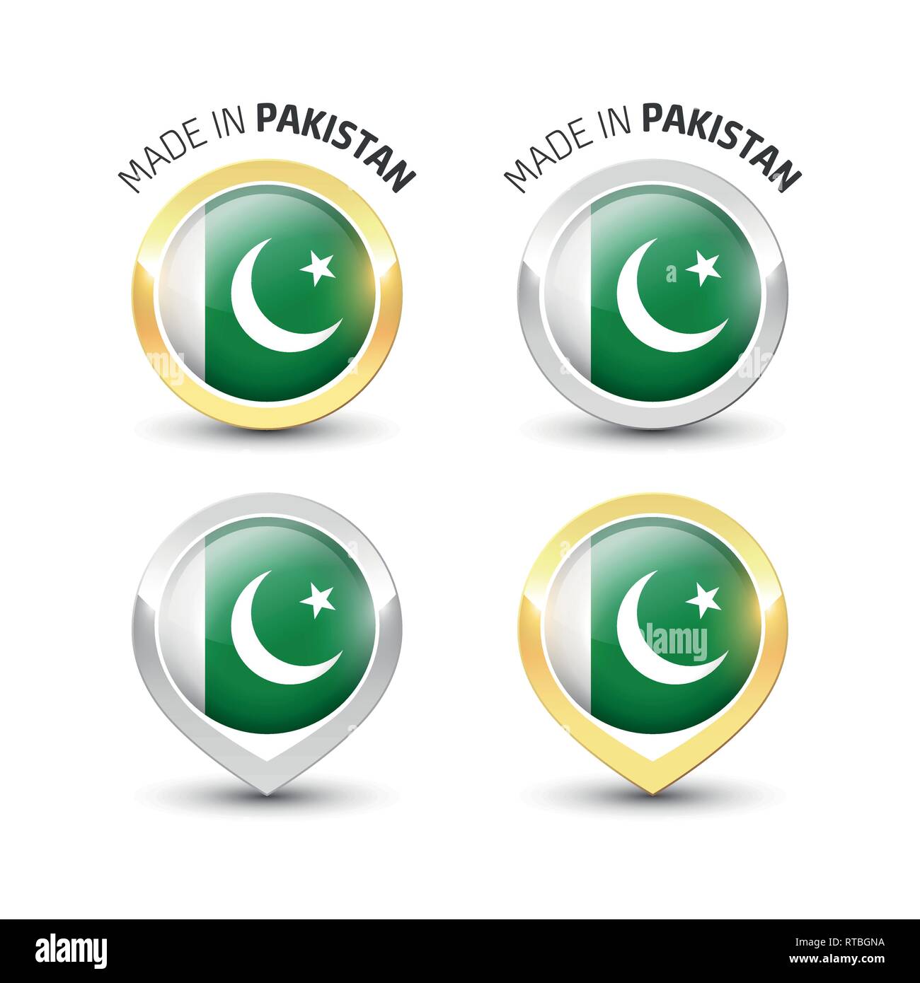 Realizzato in Pakistan - etichetta di garanzia con il flag Pakistani all'interno del turno oro e argento icone. Illustrazione Vettoriale