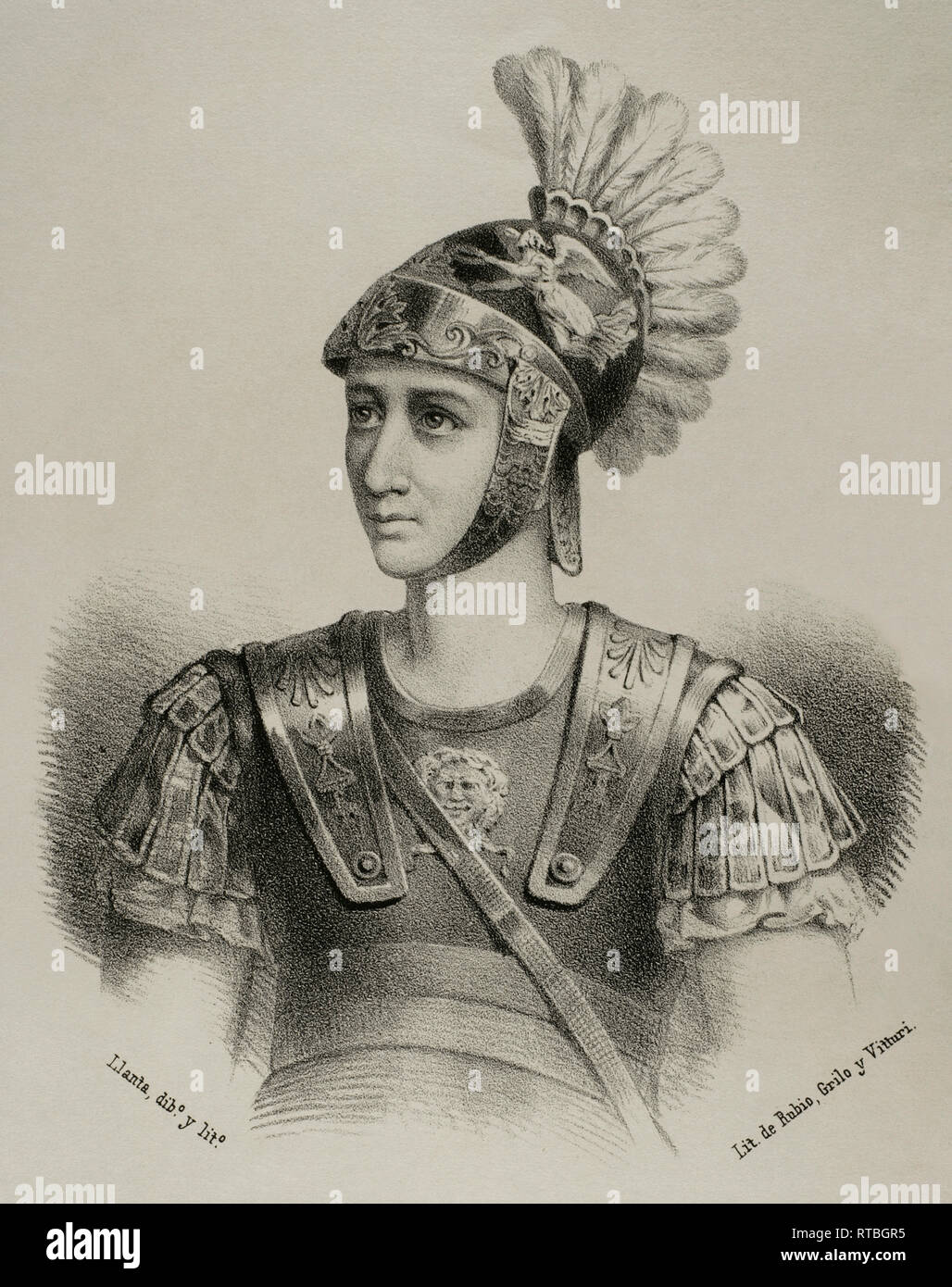 Scipione l'Africano (236-183 a.C.). Il generale romano e in seguito Console. Egli ha sconfitto Annibale nella battaglia di Zama (seconda guerra punica). Disegno di Llanta (fl.1866-1872) . La litografia. Crónica General de España, Historia Ilustrada y Descriptiva de sus Provincias. La Catalogna. 1866. Foto Stock