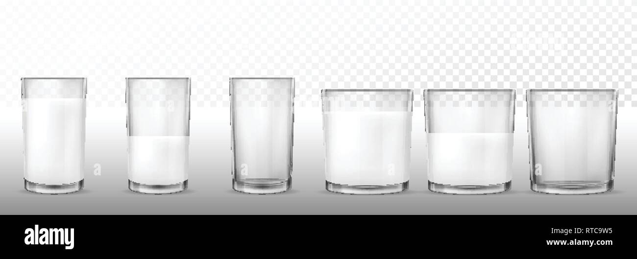Set di vettore realistico di vetro trasparente bicchieri vuoti, mezzo pieno e pieno di latte, prodotti lattiero-caseari, yogurt, kefir, cocktail di proteine. Stampa, modello, Illustrazione Vettoriale