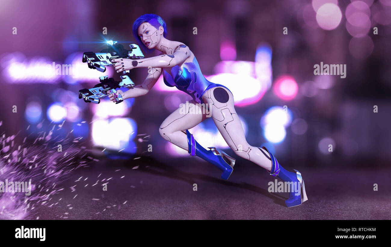 Ragazza Cyborg armati di pistole jumping, femmina battaglia robot tiro, sci-fi android donna nella notte city street, rendering 3D Foto Stock