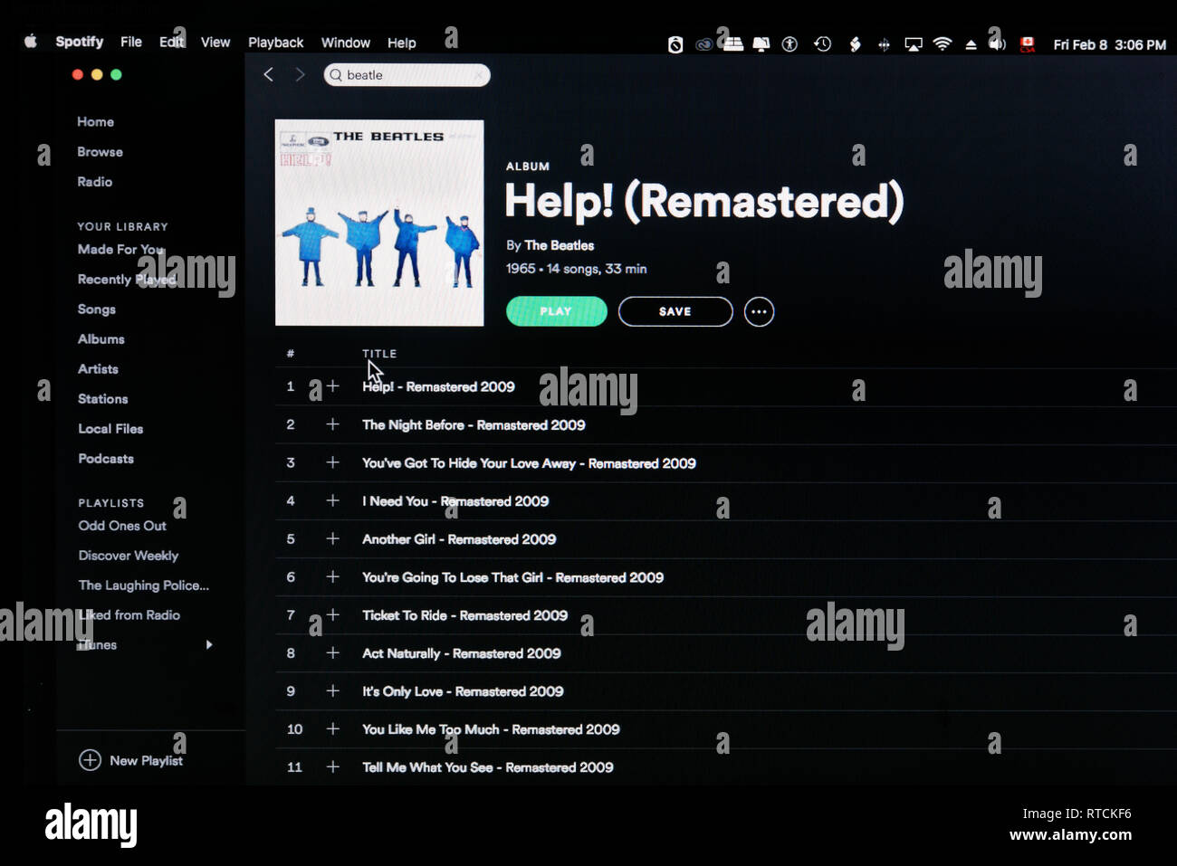 L'album dei Beatles Help Spotify pagina web Foto Stock
