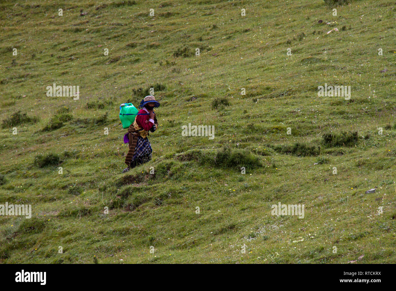 Una donna nomade porta un contenitore di acqua lungo un pendio sul Plateau Qinghai-Tibet sul suo modo di un nomade herder encampment Foto Stock