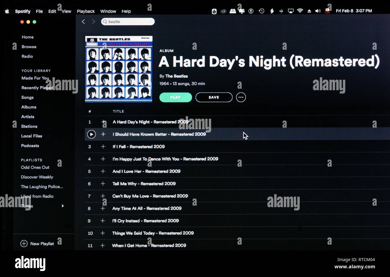 L'album dei Beatles una dura giornata di notte Spotify pagina web Foto Stock
