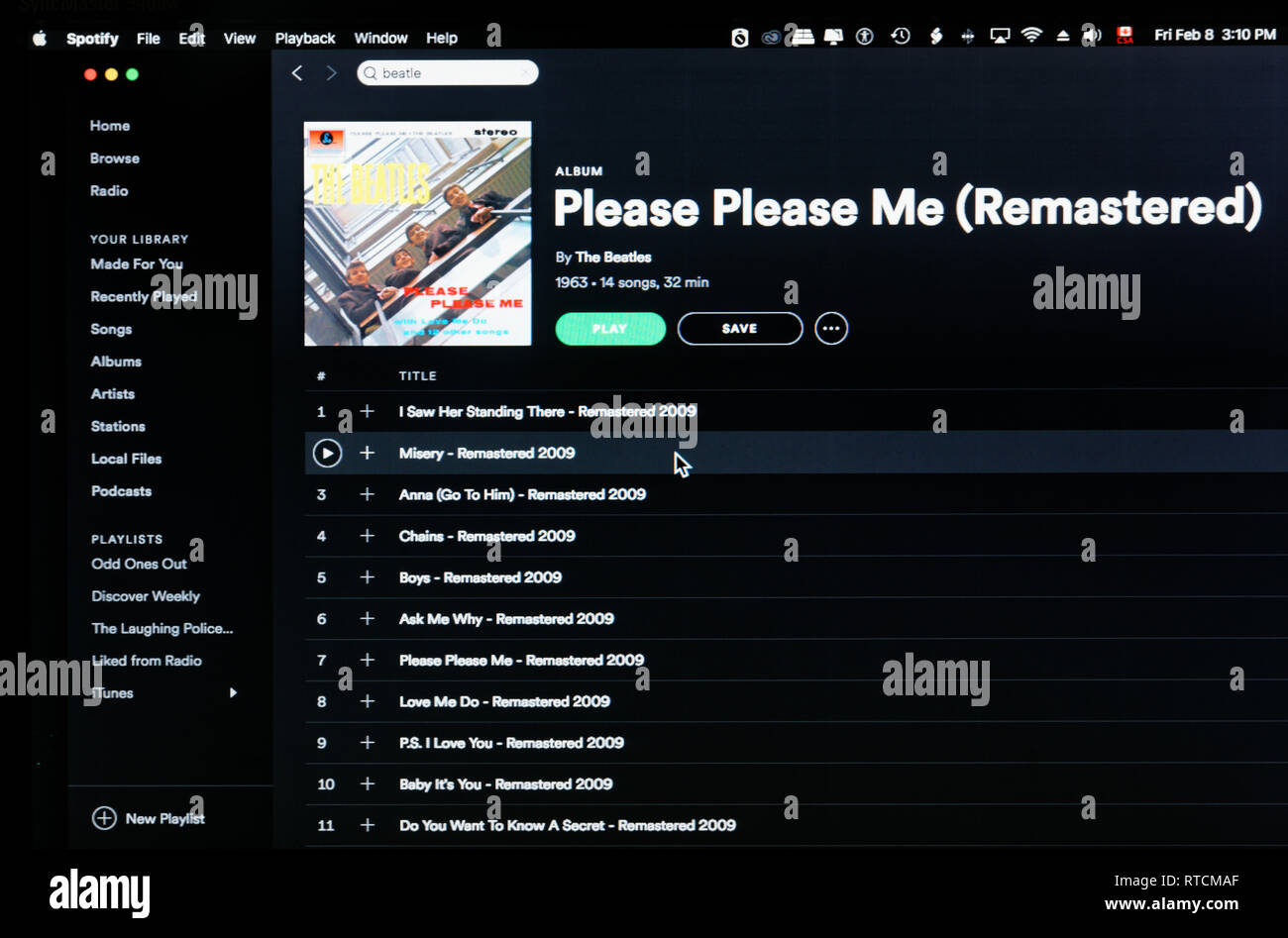 L'album dei Beatles Please Please Me Spotify pagina web Foto Stock