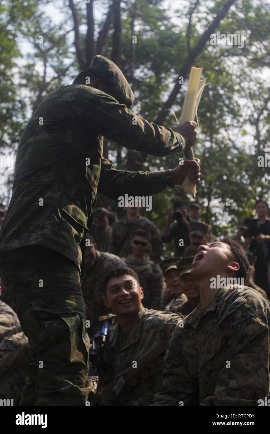 Un Royal Thai Marine spreme acqua da un albero di banane in un Marines bocca in una dimostrazione durante la giungla evento di formazione del Cobra Gold 19, Camp Ban Chan Khrem, Khao Khitchakut District, Thailandia, 14 febbraio, 2019. Esercizio Cobra Gold dimostra l'impegno del Regno di Tailandia e gli Stati Uniti alla nostra lunga alleanza, promuove partenariati regionali e avanza la sicurezza e la cooperazione nella regione Indo-Pacifico. Il trentunesimo Marine Expeditionary Unit, Marine Corps' solo in modo continuo distribuita MEU, fornisce una soluzione flessibile e forza letale pronto per eseguire una vasta gamma di mi Foto Stock