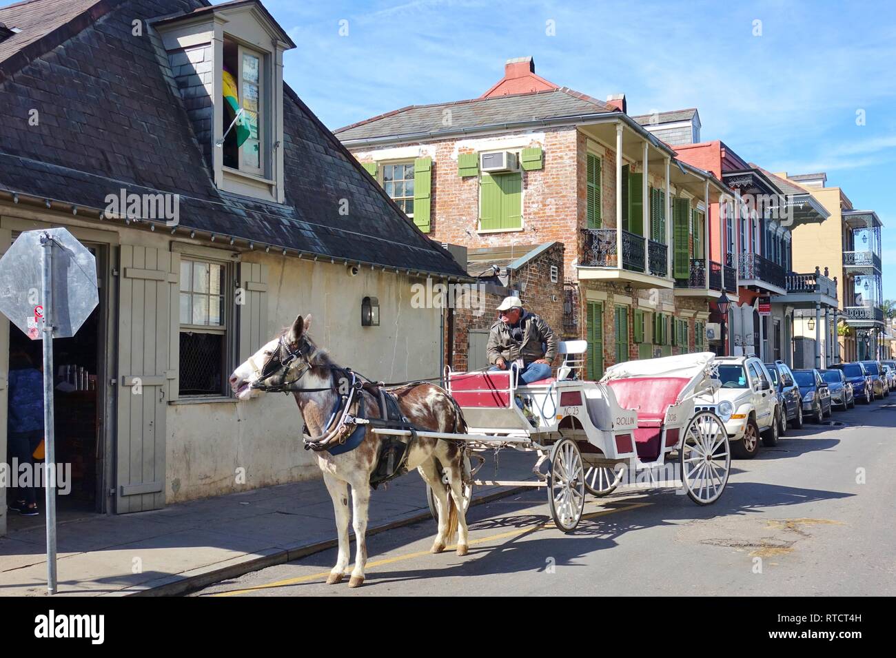 NEW ORLEANS, LA -26 GENNAIO 2019- vista di un tradizionale carrozza trainata da cavalli nel Quartiere Francese di New Orleans, in Louisiana. Foto Stock