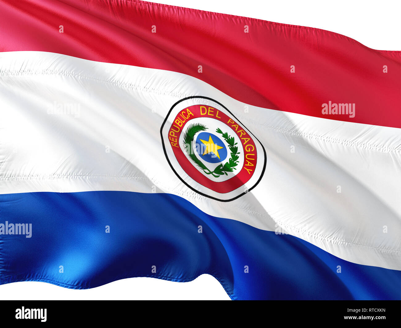 Bandiera del Paraguay sventolare nel vento, isolato sullo sfondo bianco. Foto Stock