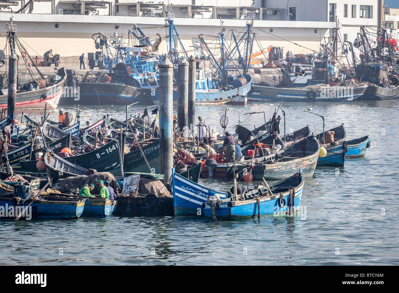 Offshore e inshore barche ormeggiate nel porto di Adadir, Marocco Foto Stock