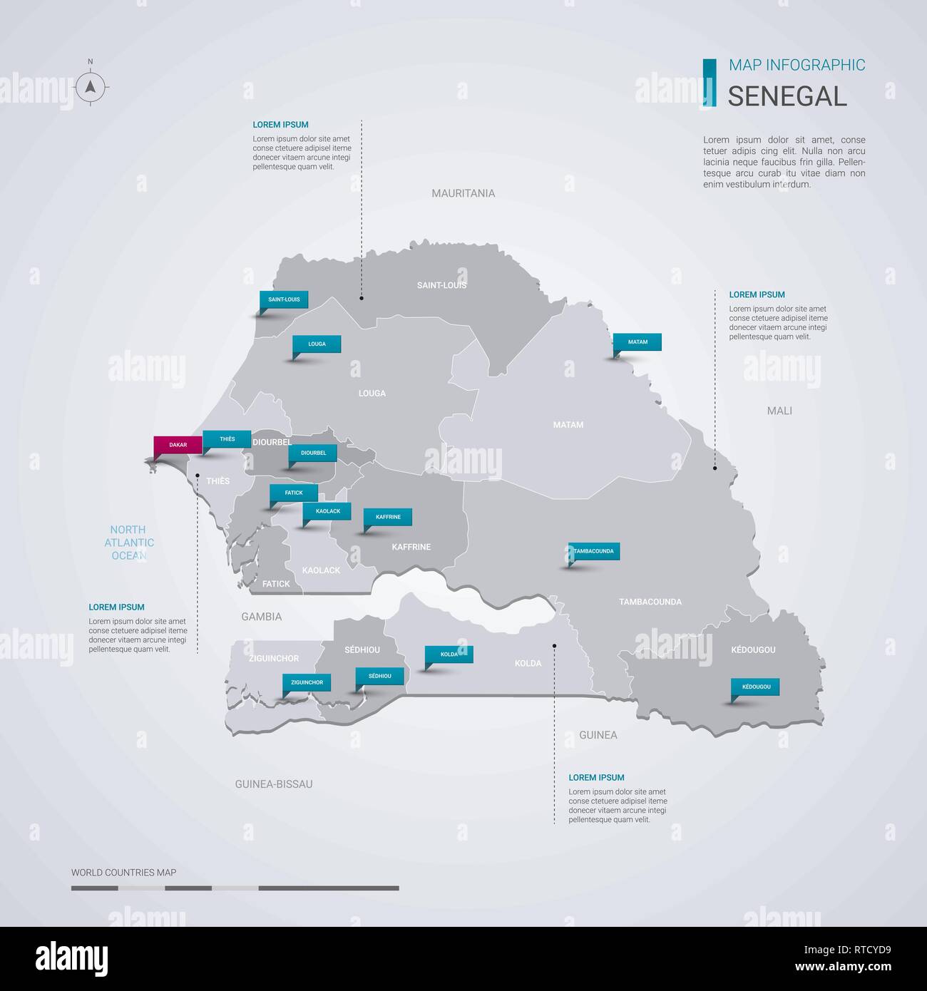 Senegal mappa vettoriale con elementi infografico, segni di puntatore. Modello modificabile con regioni, città e capitale Dakar. Illustrazione Vettoriale