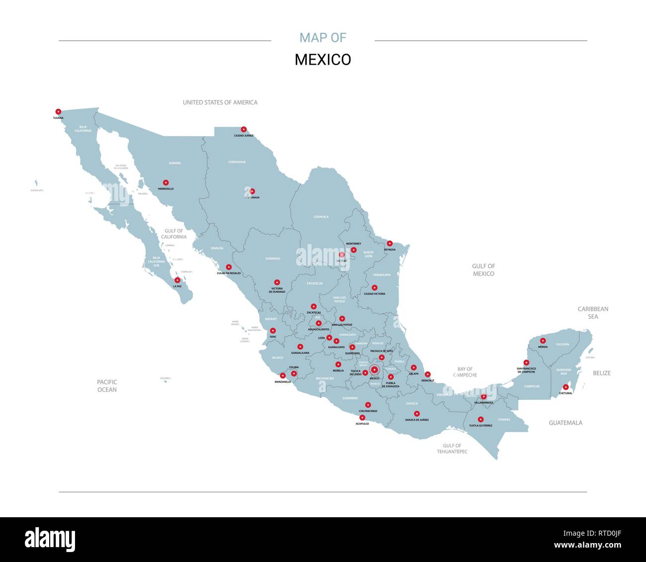 Messico mappa vettoriale. Modello modificabile con le regioni, le città, i pin di colore rosso e blu superficie su sfondo bianco. Illustrazione Vettoriale