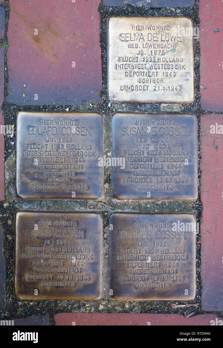 Placche di ottone Stolpersteine o pietre Inciampanti intarsiate in pavimentazione per comemmorare i singoli ebrei uccisi dai nazisti. Norden. Frisia Orientale, Bassa Sassonia Foto Stock