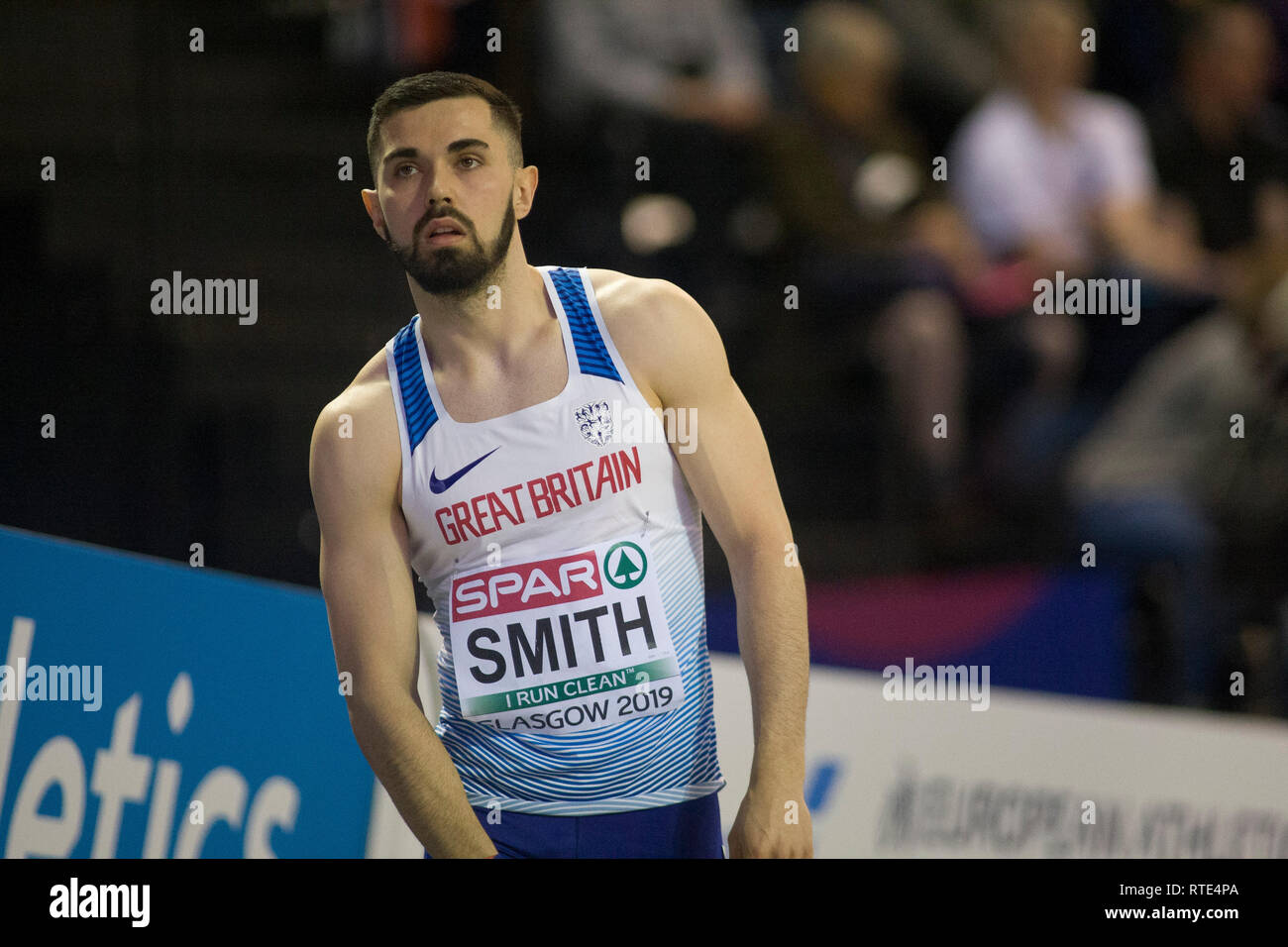 Glasgow, Regno Unito. 01 Mar, 2019. Glasgow, Scozia - 1 Marzo 2019:Smith Owen di GBR durante il calore 1 del Mens 400m il giorno 1 del Europei Indoor di Atletica a Emirates Arena di Glasgow, Scozia. ( Credito: Scottish Borders Media/Alamy Live News Foto Stock