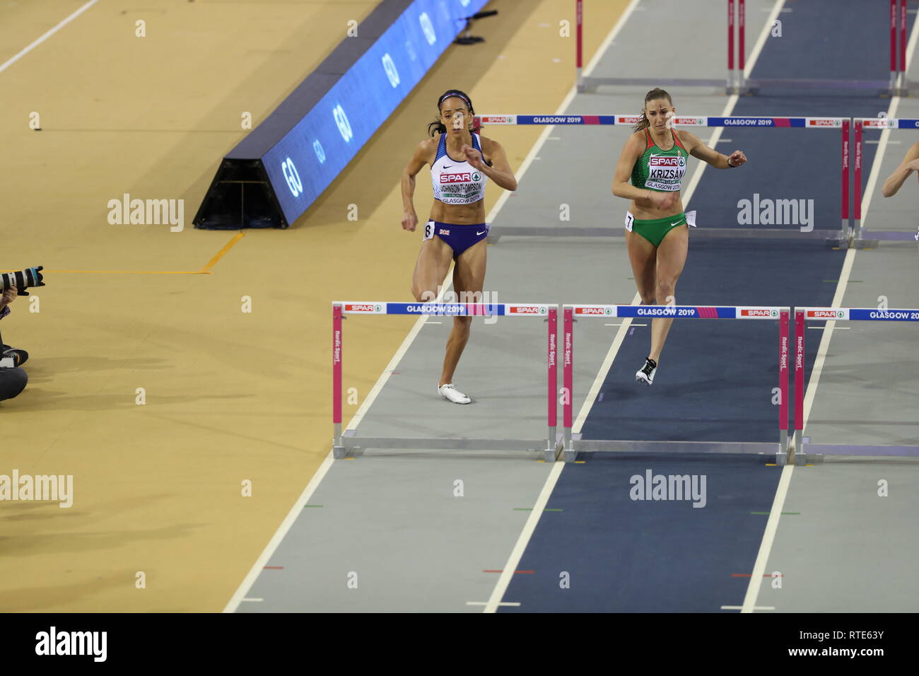 Glasgow, Regno Unito. 01 Mar, 2019. Katarina Johnson Thompson nel suo calore di donne del pentathlon ostacoli a livello Europeo Indoor Athletics Championships 2019 Credit: Ben Booth/Alamy Live News Foto Stock