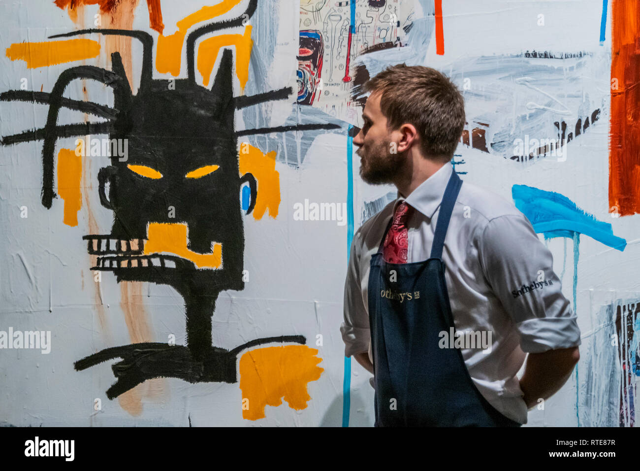 Londra, Regno Unito. 1 Mar 2019. Jean-Michel Basquiat, Apex 1986, preventivo £5-7m - un'anteprima prima della Sotheby's Arte Contemporanea sera asta di Sotheby's New Bond Street, Londra. L'asta avrà luogo il 5 marzo. Credito: Guy Bell/Alamy Live News Foto Stock