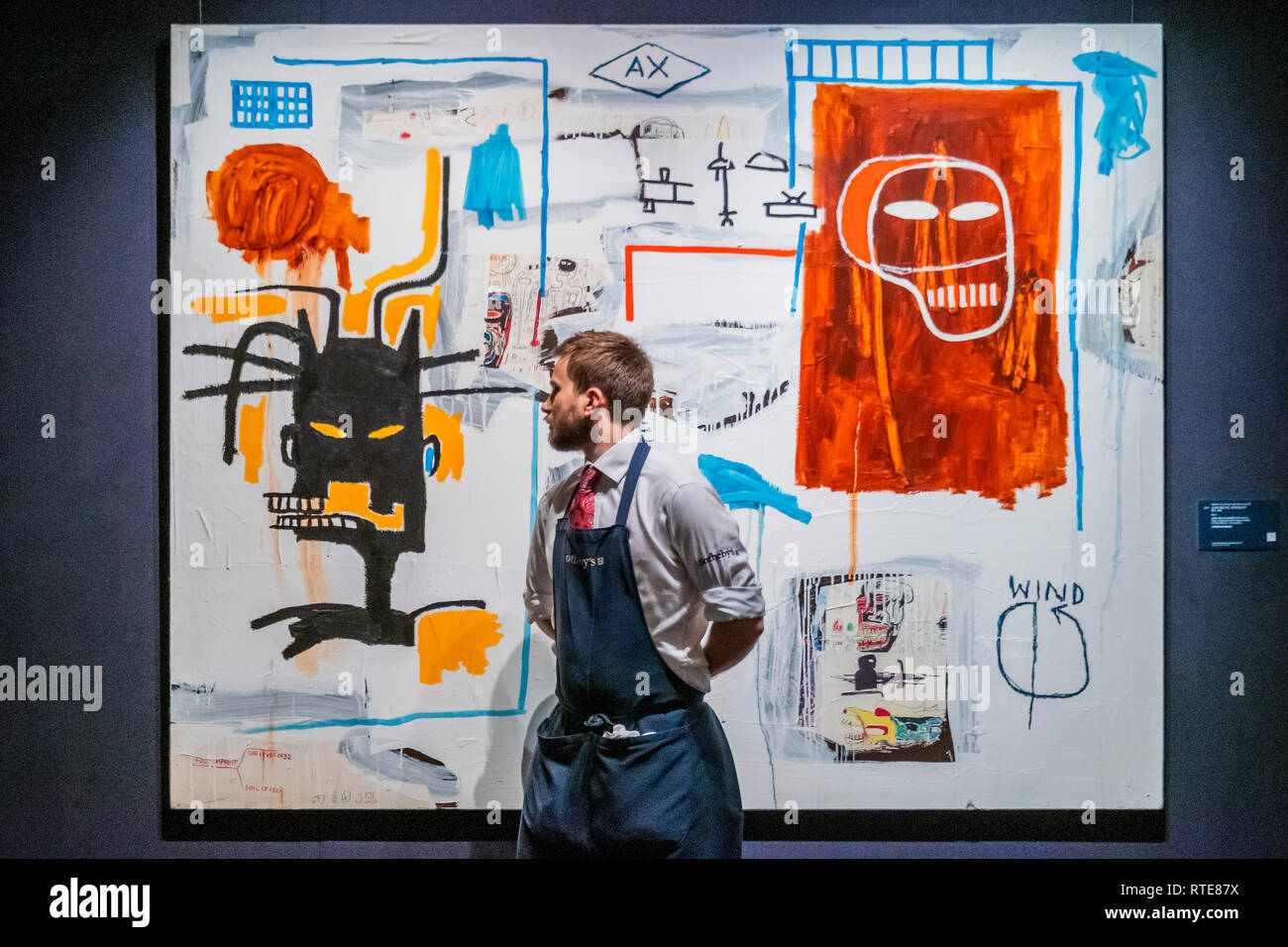 Londra, Regno Unito. 1 Mar 2019. Jean-Michel Basquiat, Apex 1986, preventivo £5-7m - un'anteprima prima della Sotheby's Arte Contemporanea sera asta di Sotheby's New Bond Street, Londra. L'asta avrà luogo il 5 marzo. Credito: Guy Bell/Alamy Live News Foto Stock