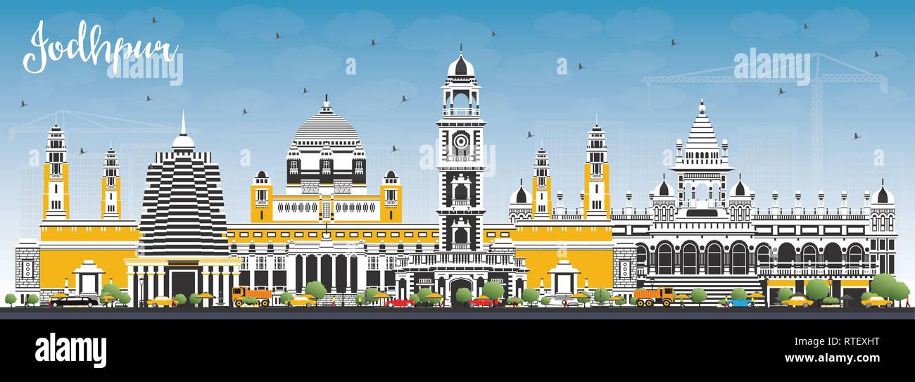 Jodhpur India skyline della città con edifici di colore e cielo blu. Illustrazione Vettoriale. Viaggi di lavoro e di concetto con architettura storica. Jodhpur. Illustrazione Vettoriale