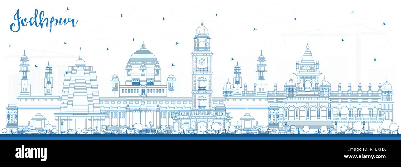 Delineare Jodhpur India skyline della città con edifici di colore blu. Illustrazione Vettoriale. Viaggi di lavoro e di concetto con architettura storica. Jodhpur Cityscape Illustrazione Vettoriale