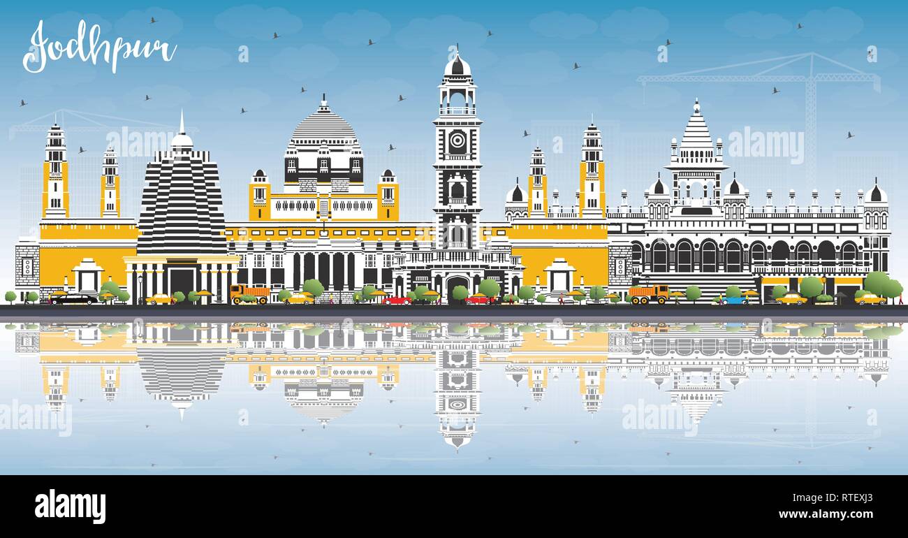 Jodhpur India skyline della città con edifici di colore, cielo blu e riflessi. Illustrazione Vettoriale. Viaggi di lavoro e di concetto con architettura storica Illustrazione Vettoriale