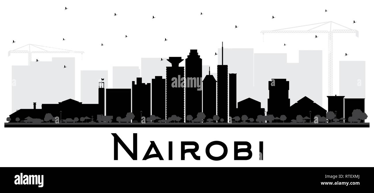 Nairobi Kenya skyline della città silhouette nera con edifici isolati su bianco. Illustrazione Vettoriale. Illustrazione Vettoriale