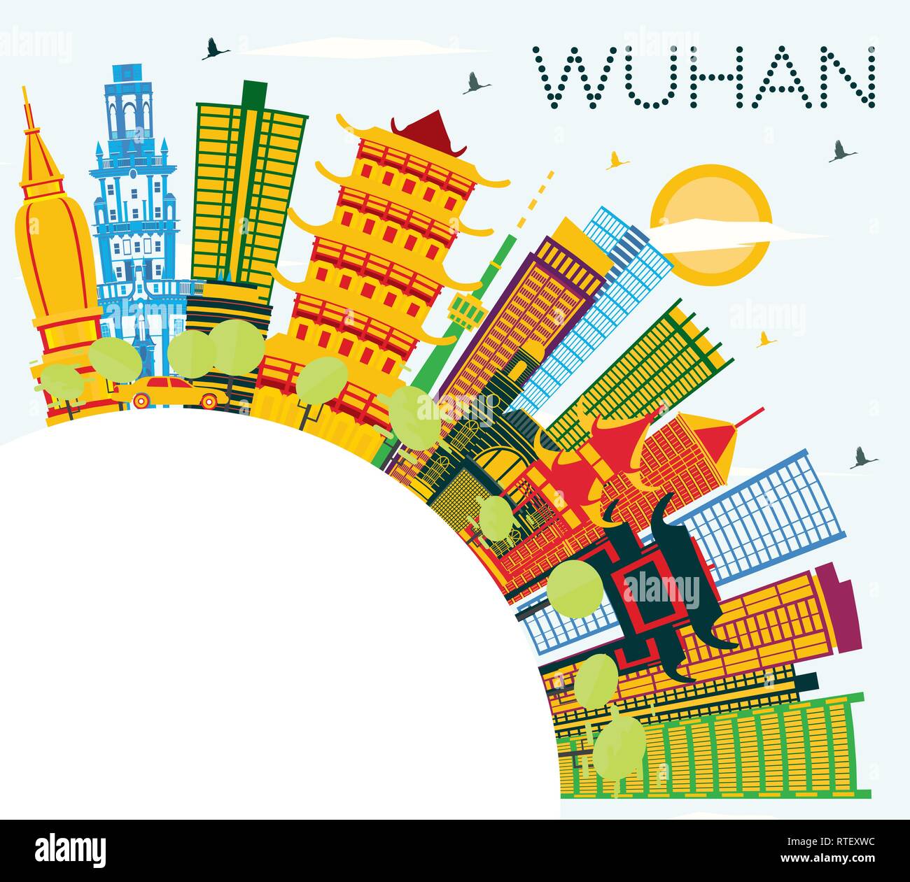 Wuhan Cina skyline della città con edifici di colore, il blu del cielo e spazio di copia. Illustrazione Vettoriale. Illustrazione Vettoriale
