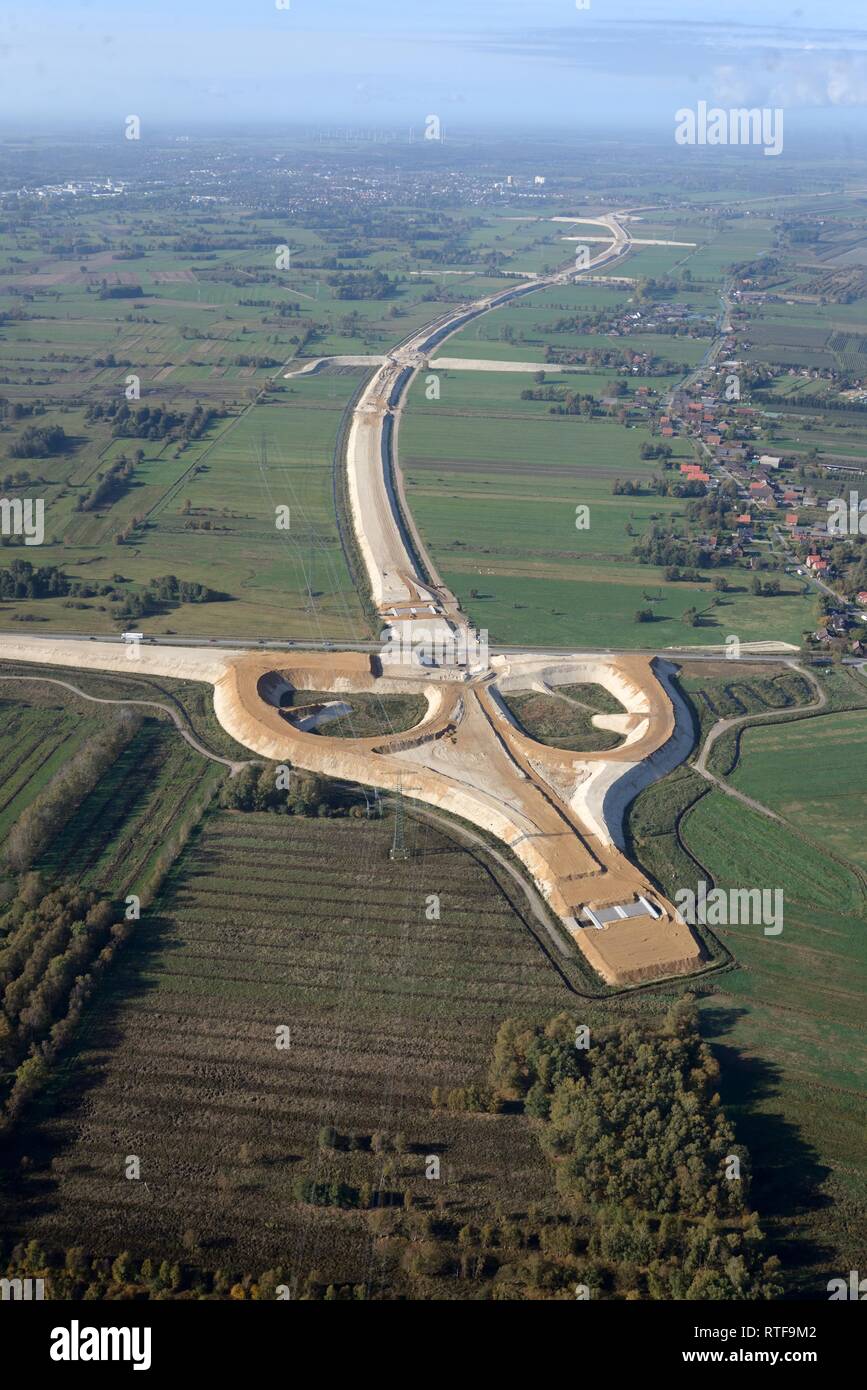 Vista aerea, autostrada SITO IN COSTRUZIONE A26, conversione alla giunzione autostradale, Neu Wulmstorf, Bassa Sassonia, Germania Foto Stock