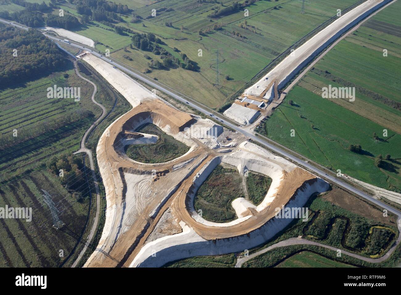 Vista aerea, autostrada SITO IN COSTRUZIONE A26, conversione alla giunzione autostradale, Neu Wulmstorf, Bassa Sassonia, Germania Foto Stock