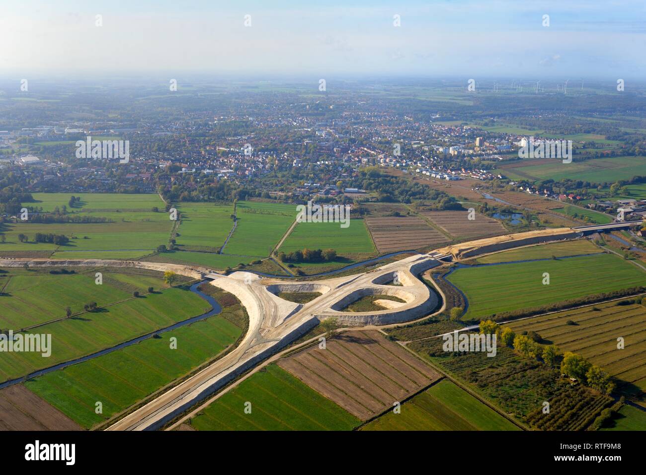 Vista aerea, autostrada SITO IN COSTRUZIONE A26, conversione alla giunzione autostradale, Neu Wulmstorf, Bassa Sassonia, Germania Foto Stock