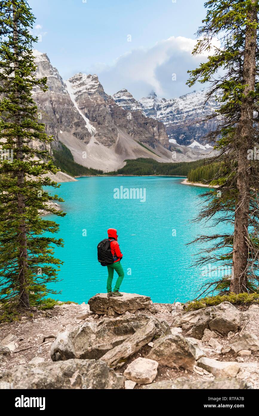 Escursionista in piedi sulla riva di un lago, picchi di montagna sul retro, turchese lago glaciale, Moraine Lake, Valle dei Dieci Picchi Foto Stock