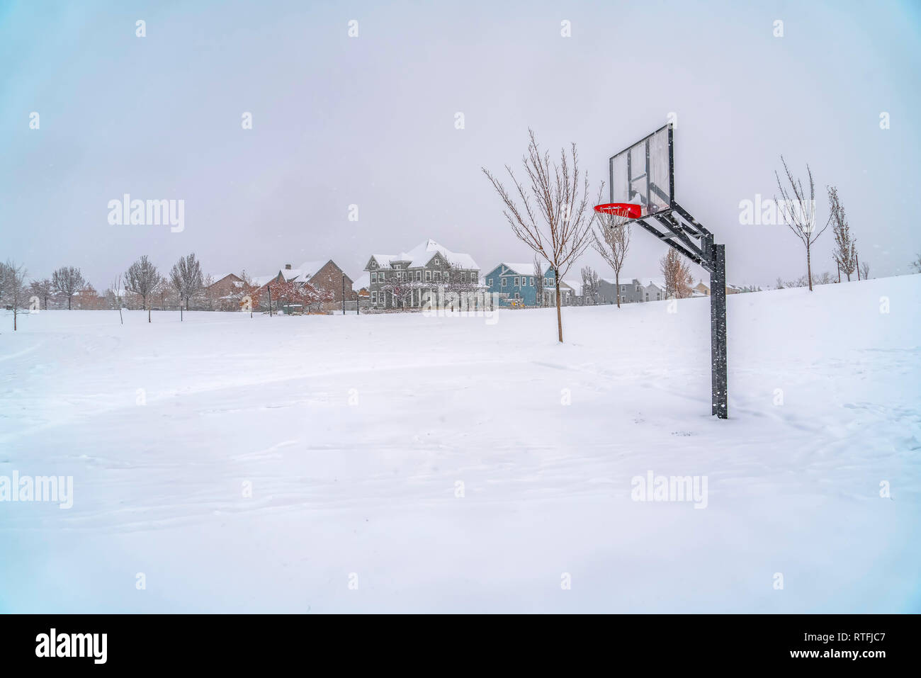 Outdoor pallacanestro coperte di neve nello Utah. Outdoor pallacanestro su una coperta di neve paesaggio in Alba, Utah durante l'inverno. Alberi innevati Foto Stock