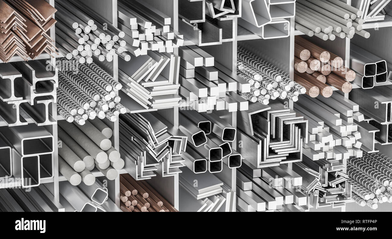 3D rendering di tubo metallico e profili, ferro, acciaio, alluminio e rame Foto Stock