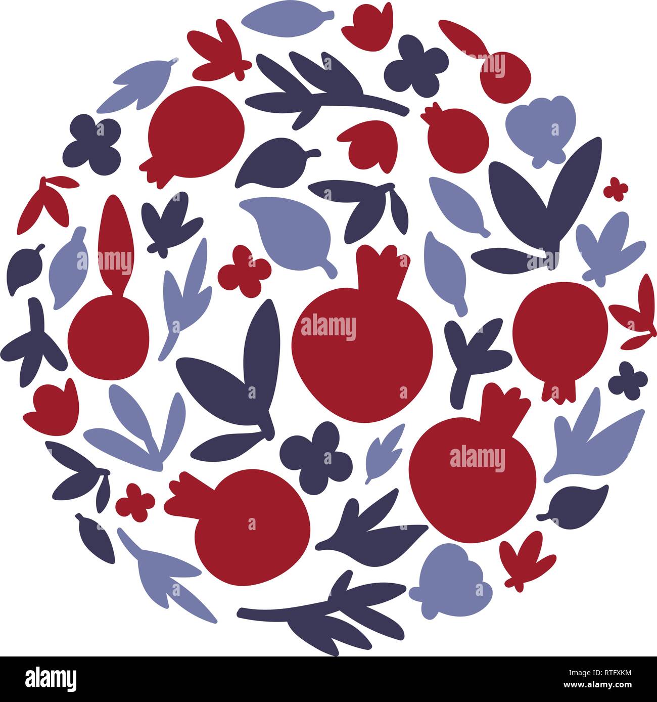 Vettore isolato illustrazione. Round estate cornice floreale stilizzato con piante di melograno. Abstract cerchio con fiori Illustrazione Vettoriale