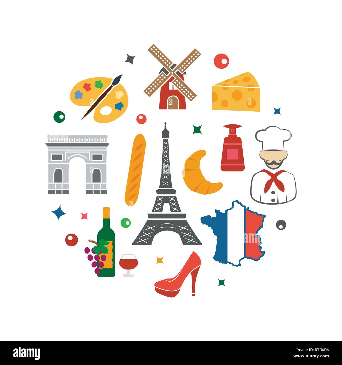Francia illustrazione con icone su bianco Illustrazione Vettoriale