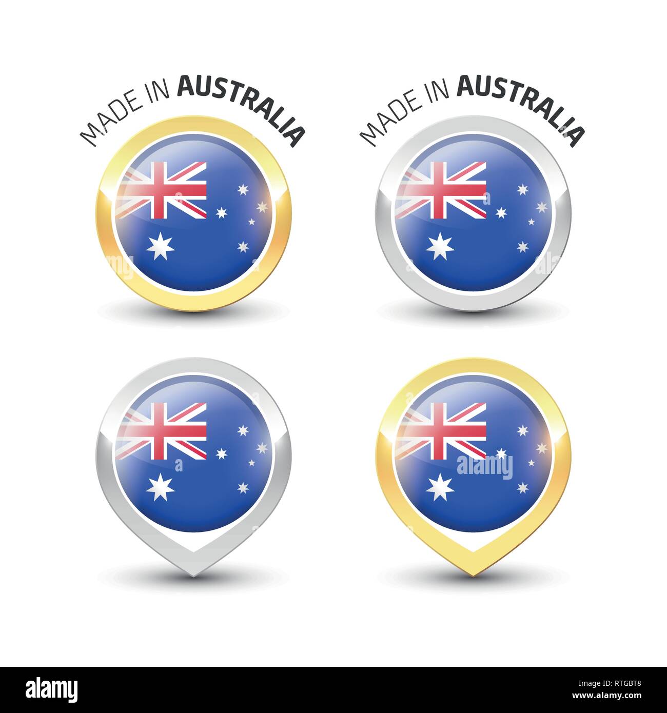 Realizzato in Australia - etichetta di garanzia con la bandiera australiana all'interno del turno oro e argento icone. Illustrazione Vettoriale