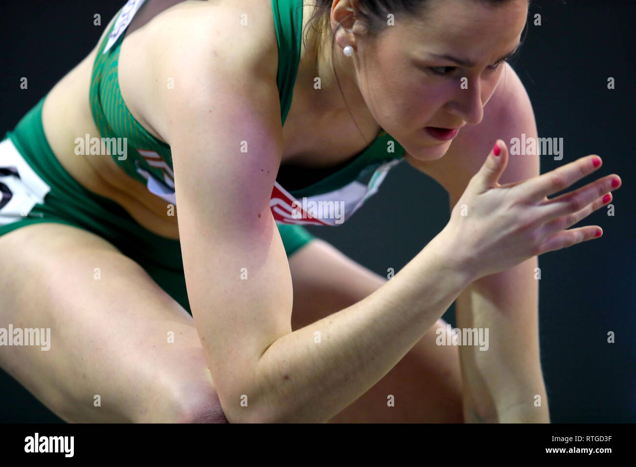 L'Irlanda è Phil Healy reagisce dopo le Donne 400m 3 di calore durante il giorno uno degli Europei Indoor di Atletica a Emirates Arena, Glasgow. Foto Stock