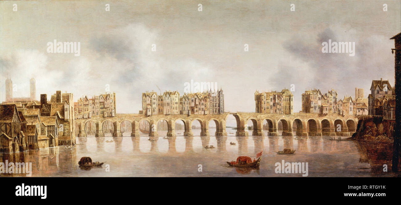 Vista del London Bridge, dipinto a olio su pannelli, circa 1632, Claude de Jongh Foto Stock