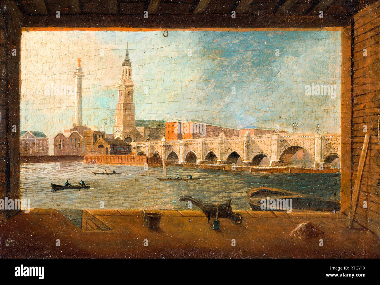 A View of London Bridge, dipinto a pannelli a olio dei primi del 19th secolo di Daniel Turner Foto Stock