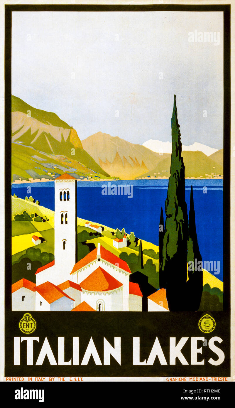 Laghi italiani, poster di viaggio d'epoca, circa 1930 Foto Stock