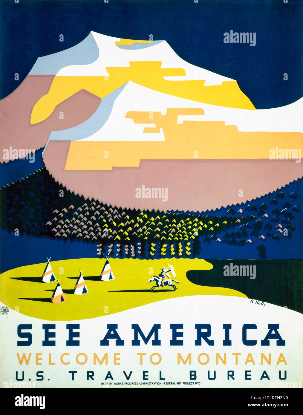 Vedere America, benvenuti in Montana, vintage travel poster, Richard Hall, 1936-1938 Foto Stock