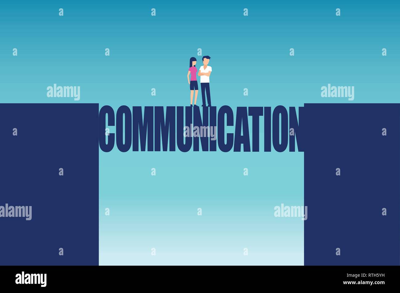 Vettore di una giovane coppia di risolvere tutte le incomprensioni in piedi su un ponte di comunicazione Illustrazione Vettoriale