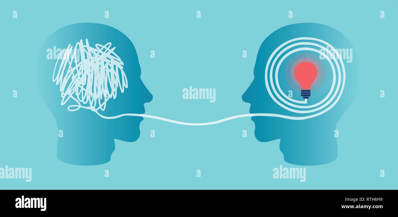 Silhouette di vettore di due teste di profilo uno con scarabocchi e la seconda con il preciso diritto labirinto che termina in un bulbo di luce. Illustrazione Vettoriale