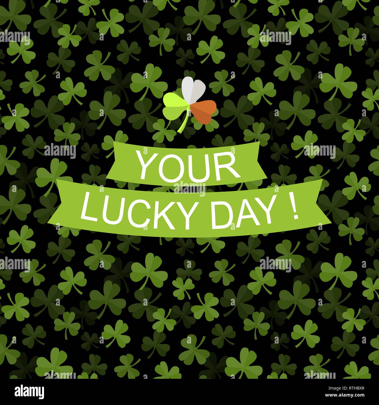 Vector seamless pattern con il trifoglio verde su sfondo scuro con il testo il vostro giorno luky e foglia intelligente a colori tradizionale bandiera Irlanda Illustrazione Vettoriale