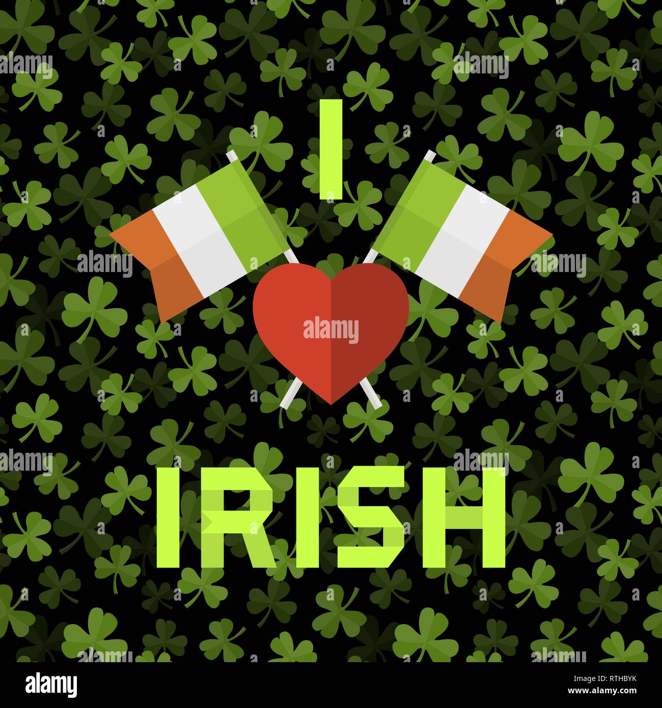 Vector seamless pattern con il trifoglio verde su sfondo scuro con testo io amo irlandese e il cuore e la tradizionale bandiera dell'Irlanda Illustrazione Vettoriale