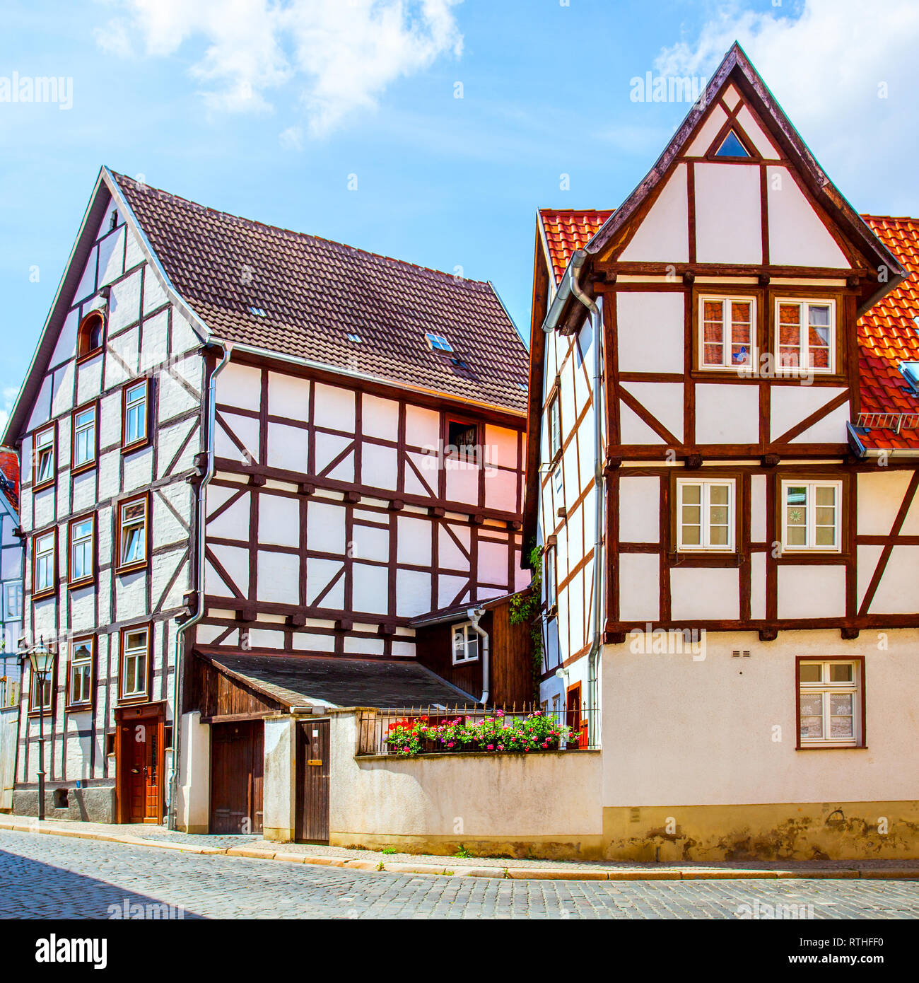 Vecchie case fachwerk a Quedlinburg, Germania Foto Stock