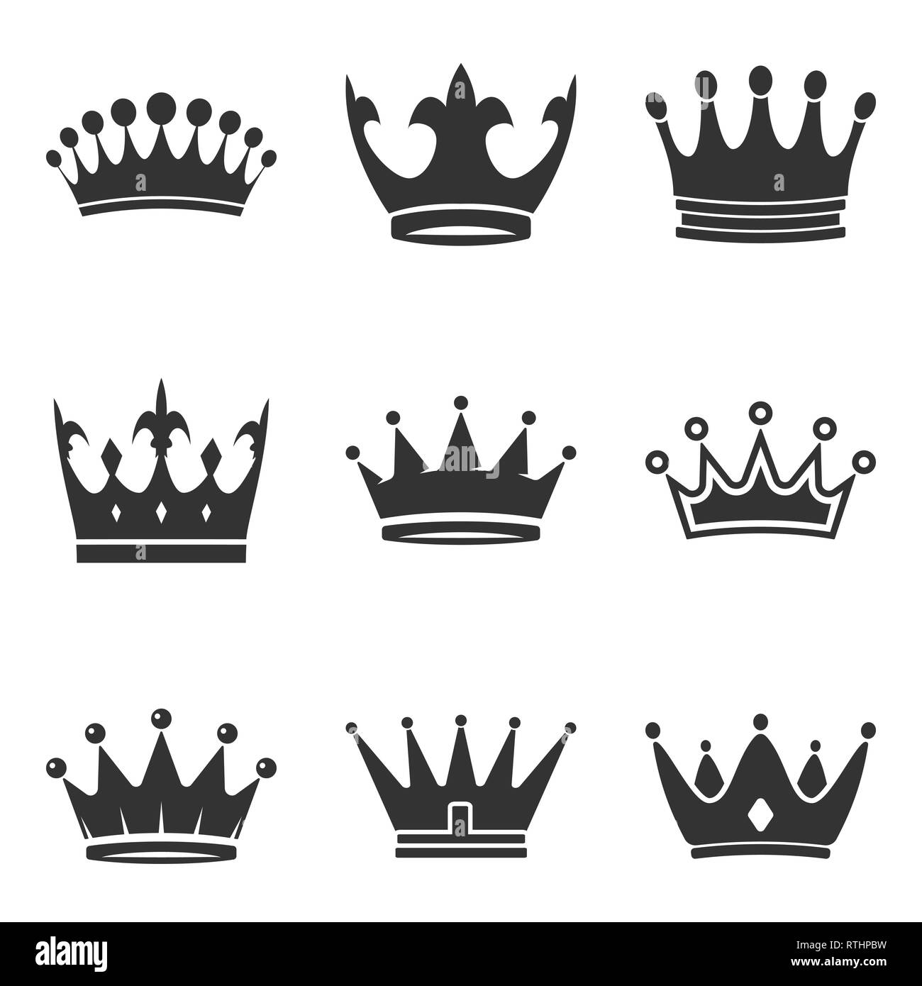 Corona set di icone in elegante stile piatto isolato su sfondo bianco. Royal simboli per web design, logo, app, UI. Illustrazione Vettoriale Illustrazione Vettoriale