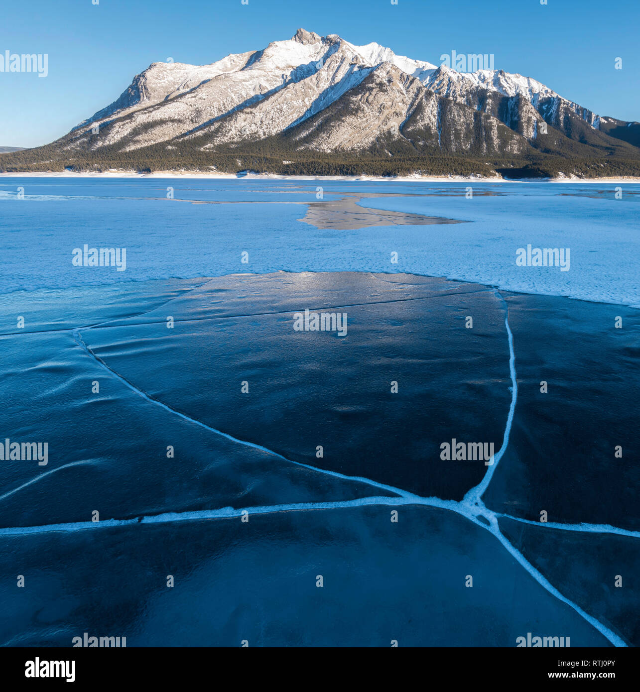 Crepe e metano bolle intrappolate nel ghiaccio che ricopre il lago di Abramo con il Monte Michener in background, Alberta, Canadian Rockies, Canada Foto Stock